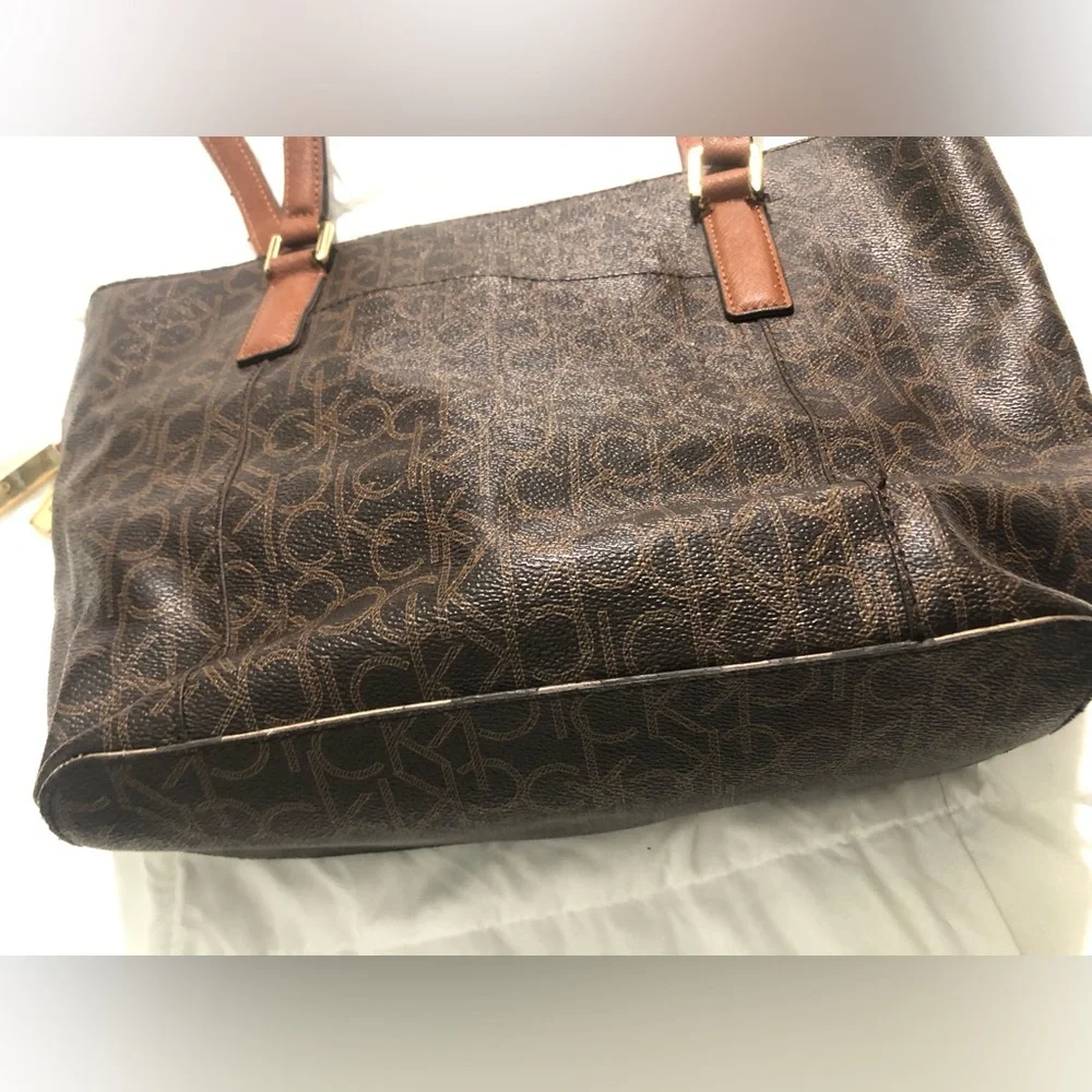 Calvin Klein Dark Brown Monogram Tote with Dual Straps